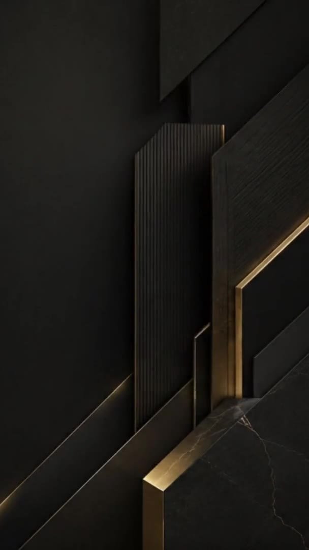 Composición de placas negras con canto dorado flotando en penumbra